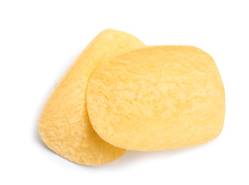 Tasty crispy potato chips on white background