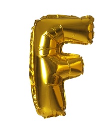 Golden letter F balloon on white background