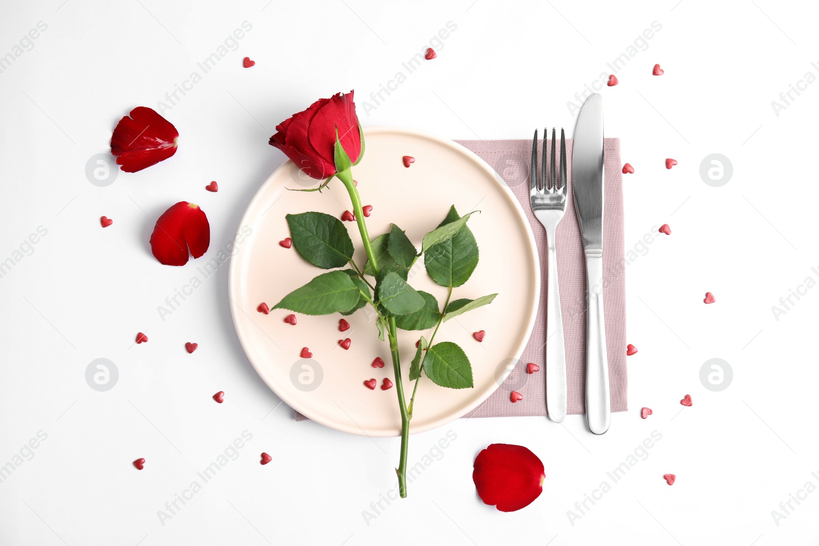 Photo of Beautiful table setting for romantic dinner on white background, flat lay. Valentine's day celebration