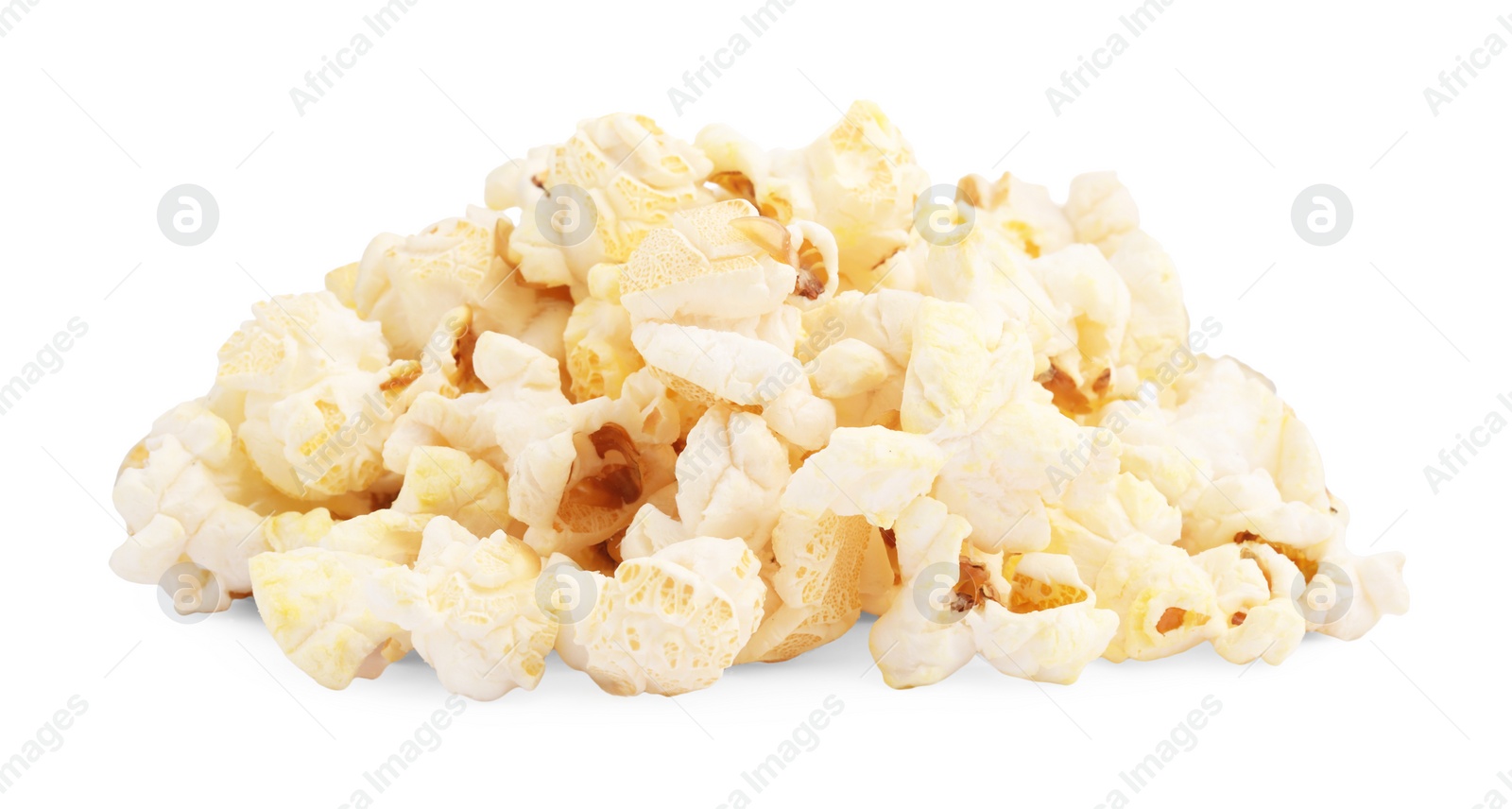 Photo of Fresh popcorn isolated on white. Tasty snack