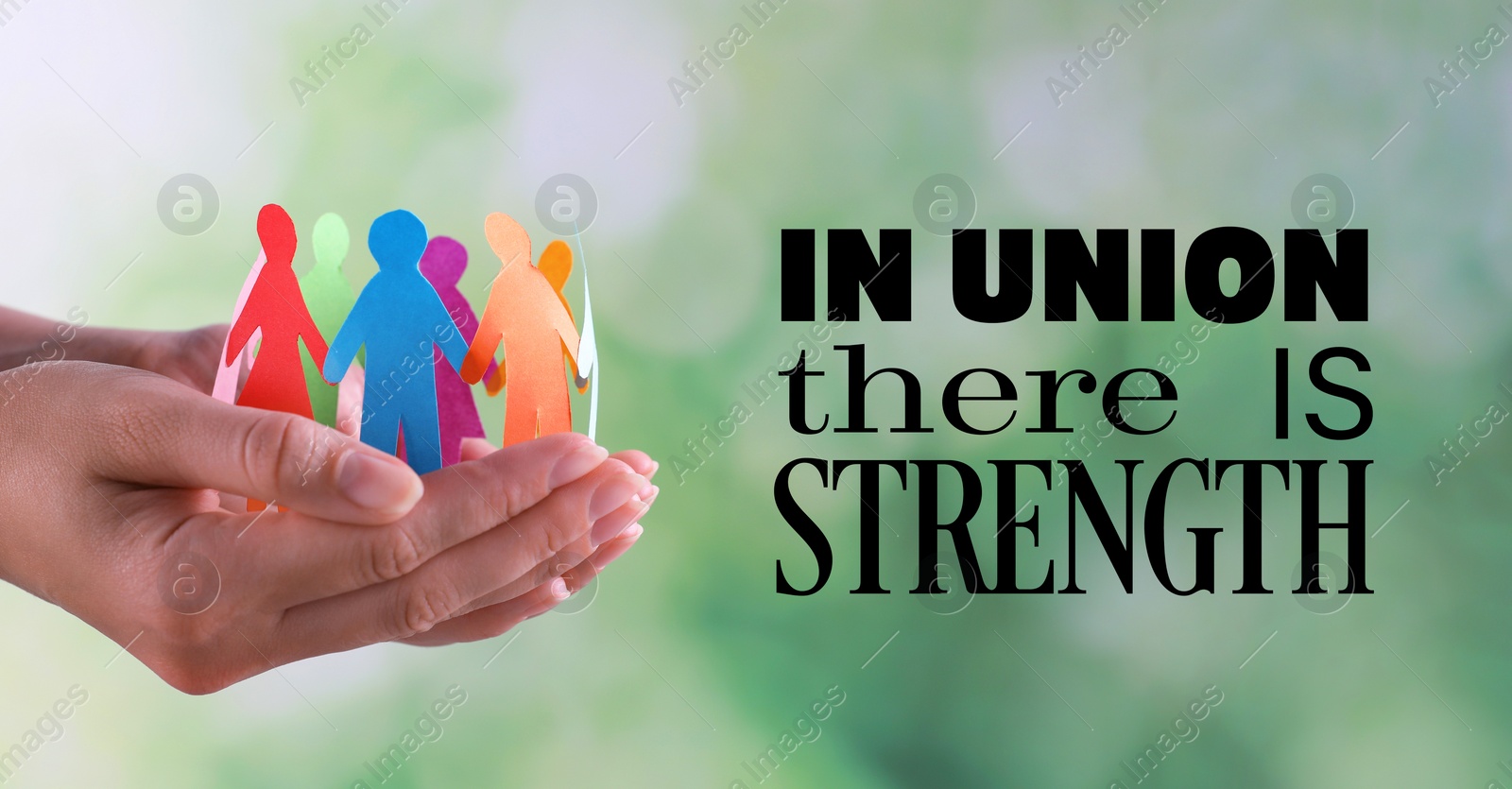 Image of Partnership, union and togetherness. Woman holding paper humans joined in circle on blurred green background, banner design