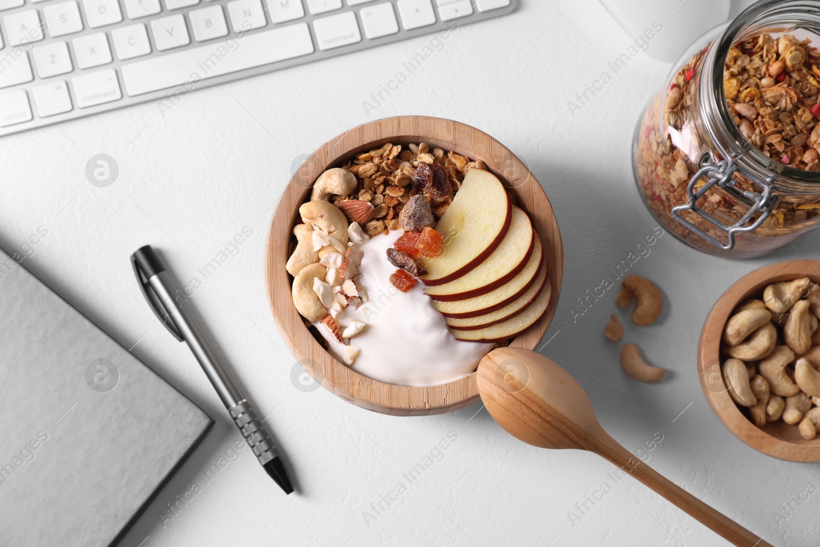 Photo of Flat lay composition with tasty granola on beige table