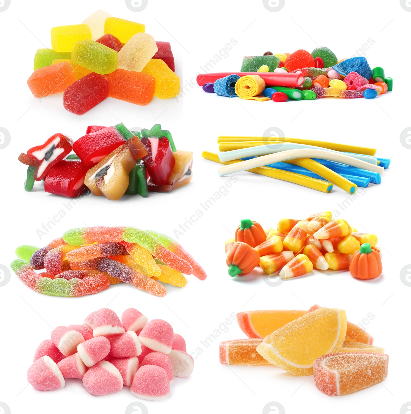 Image of Set of different jelly candies on white background