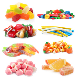 Image of Set of different jelly candies on white background