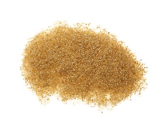 Photo of Pile of golden beads isolated on white, top view