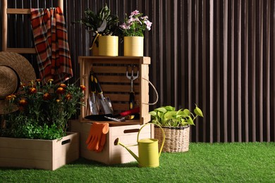 Beautiful plants, gardening tools and accessories on green grass near wood slat wall