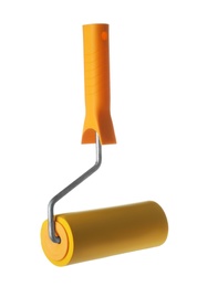 Photo of New paint roller brush on white background