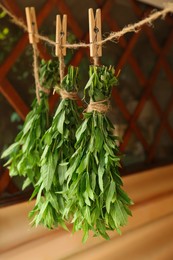 Photo of Bunchesbeautiful green mint hanging on rope outdoors