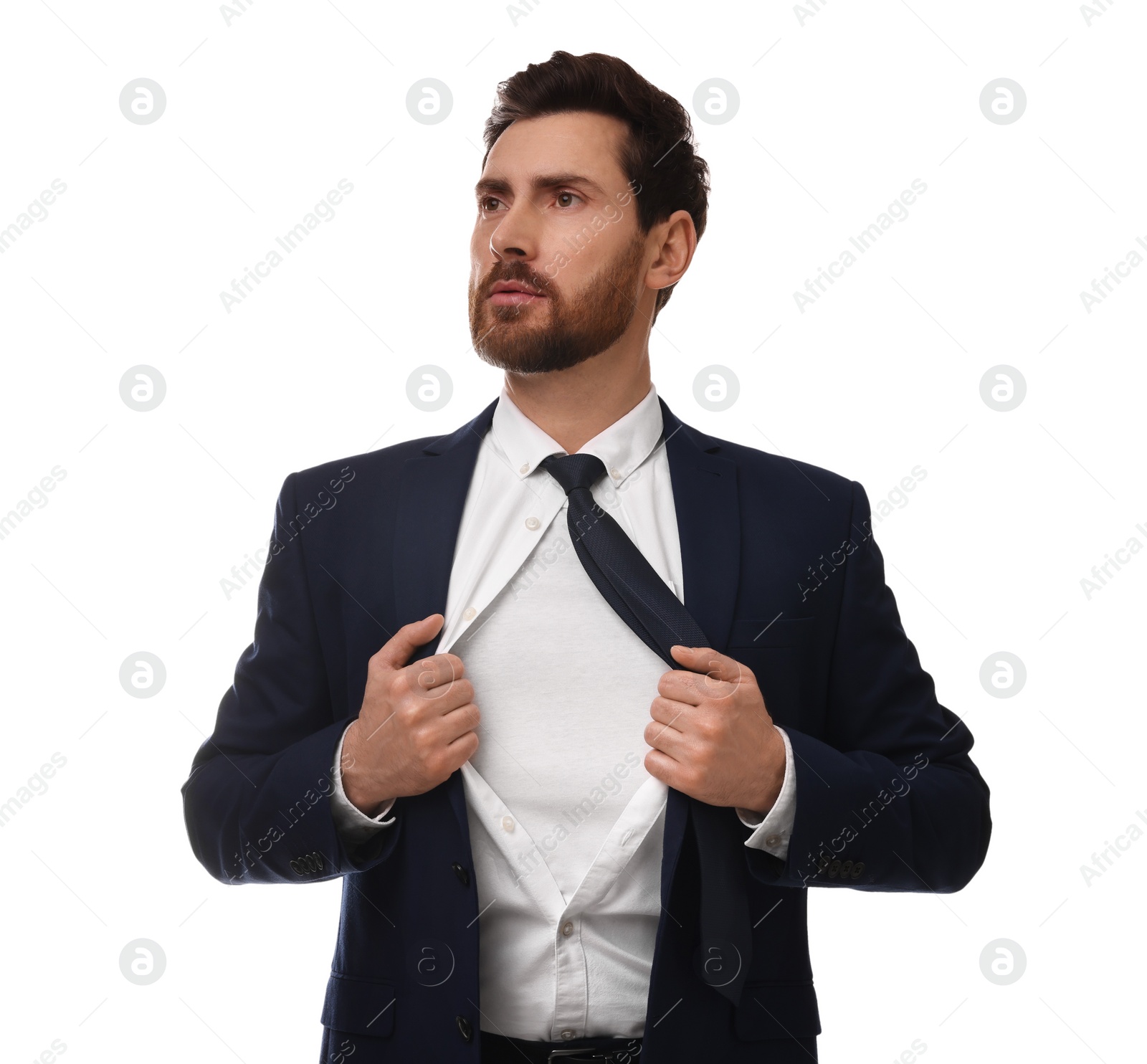 Photo of Confident businessman wearing superhero costume under suit on white background