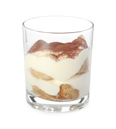 Photo of Delicious tiramisu in glass isolated on white