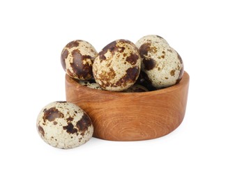 Wooden bowl with quail eggs isolated on white
