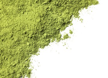 Photo of Green matcha powder isolated on white, top view