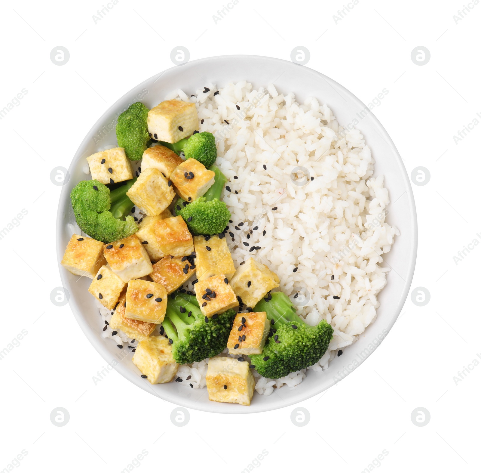 Photo of Bowl of rice with fried tofu and broccoli isolated on white, top view