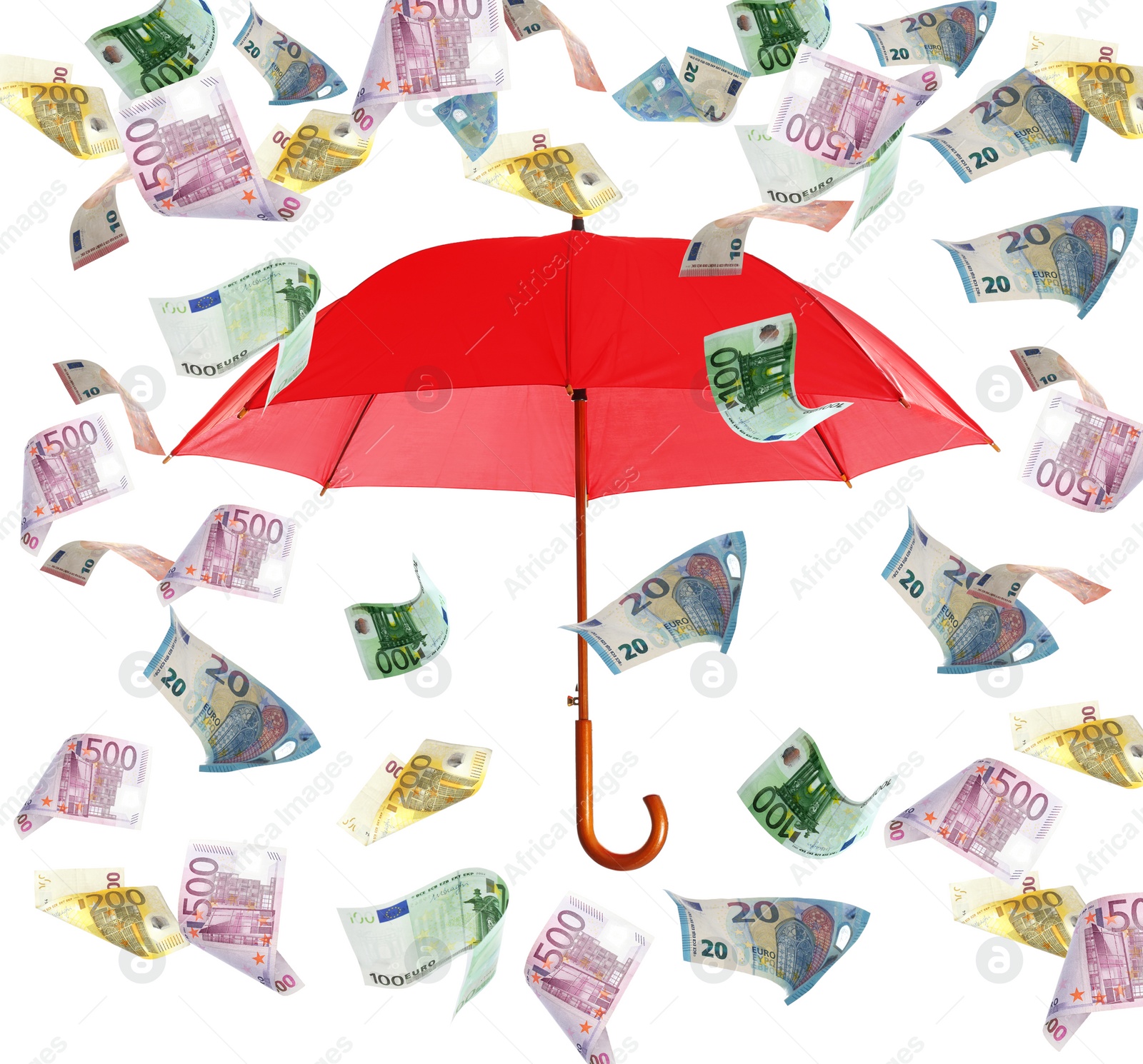 Image of Falling Euro banknotes and red umbrella on white background. Money rain 