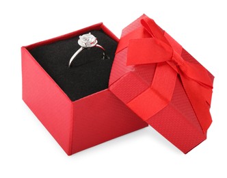 Beautiful engagement ring with gemstone in box isolated on white