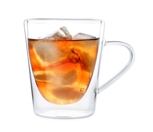 Photo of Cup of refreshing iced tea on white background