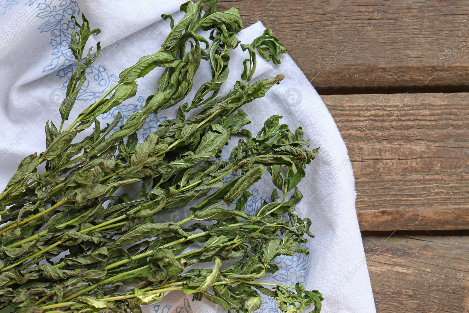 Photo of Bunches of wilted mint on wooden table, top view