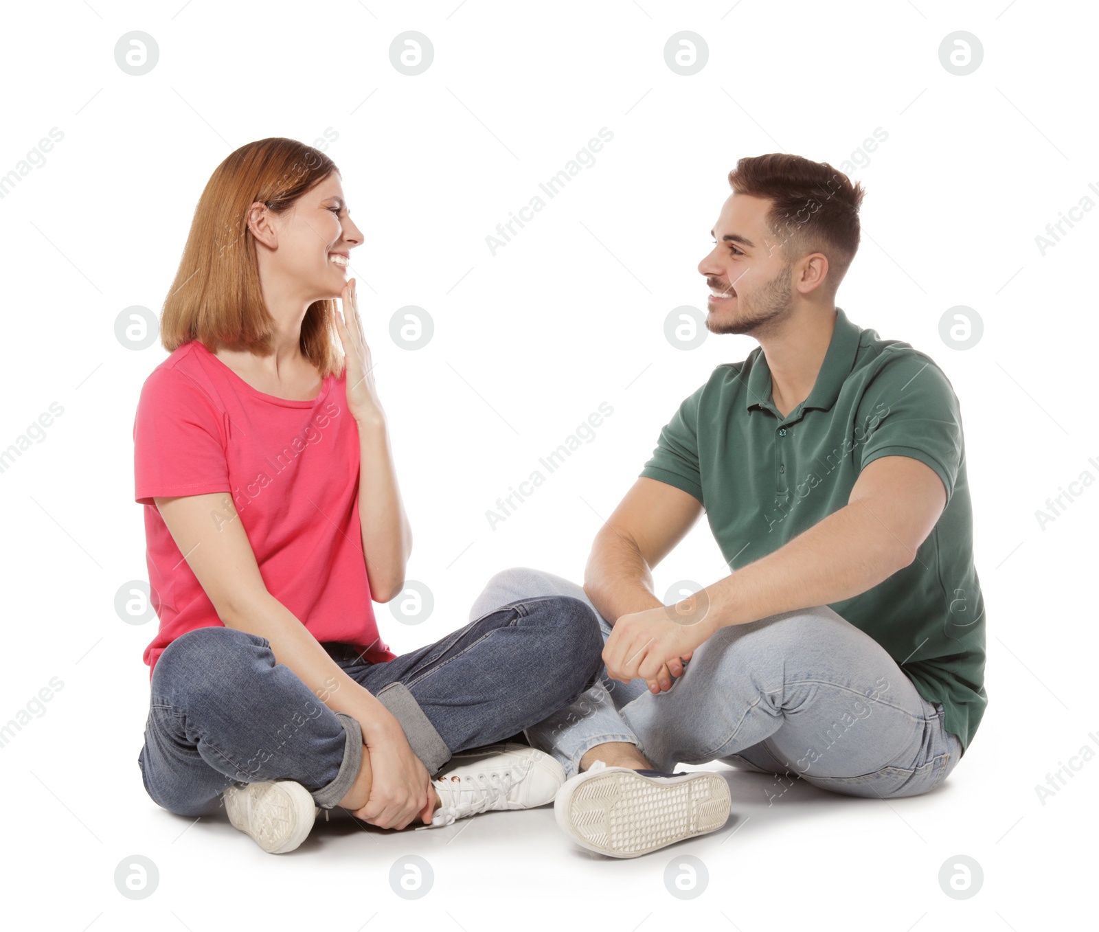 Photo of Hearing impaired friends using sign language for communication isolated on white