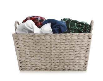Wicker laundry basket full of dirty clothes on white background