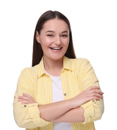 Photo of Smiling woman with dental braces on white background