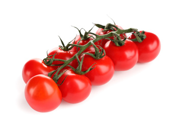 Photo of Branch of fresh cherry tomatoes isolated on white