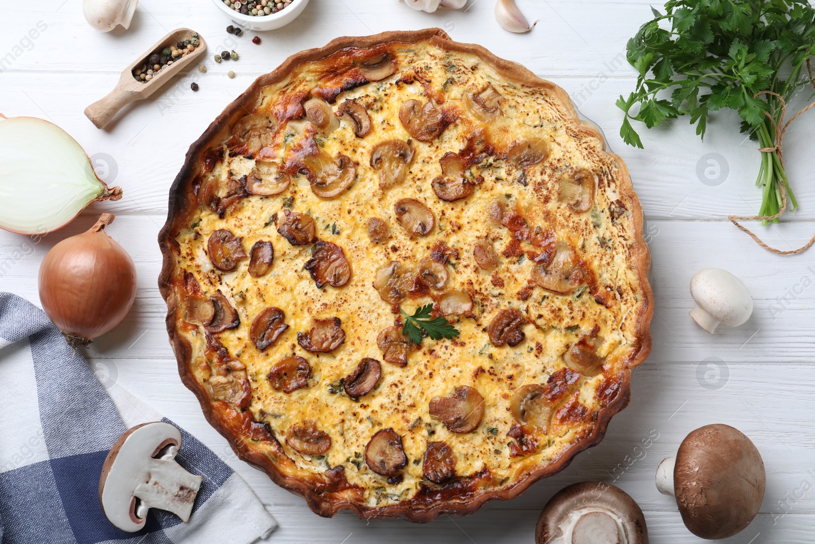 Photo of Flat lay composition with delicious homemade mushroom pie on white wooden table