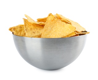 Metal bowl with tasty Mexican nachos chips on white background