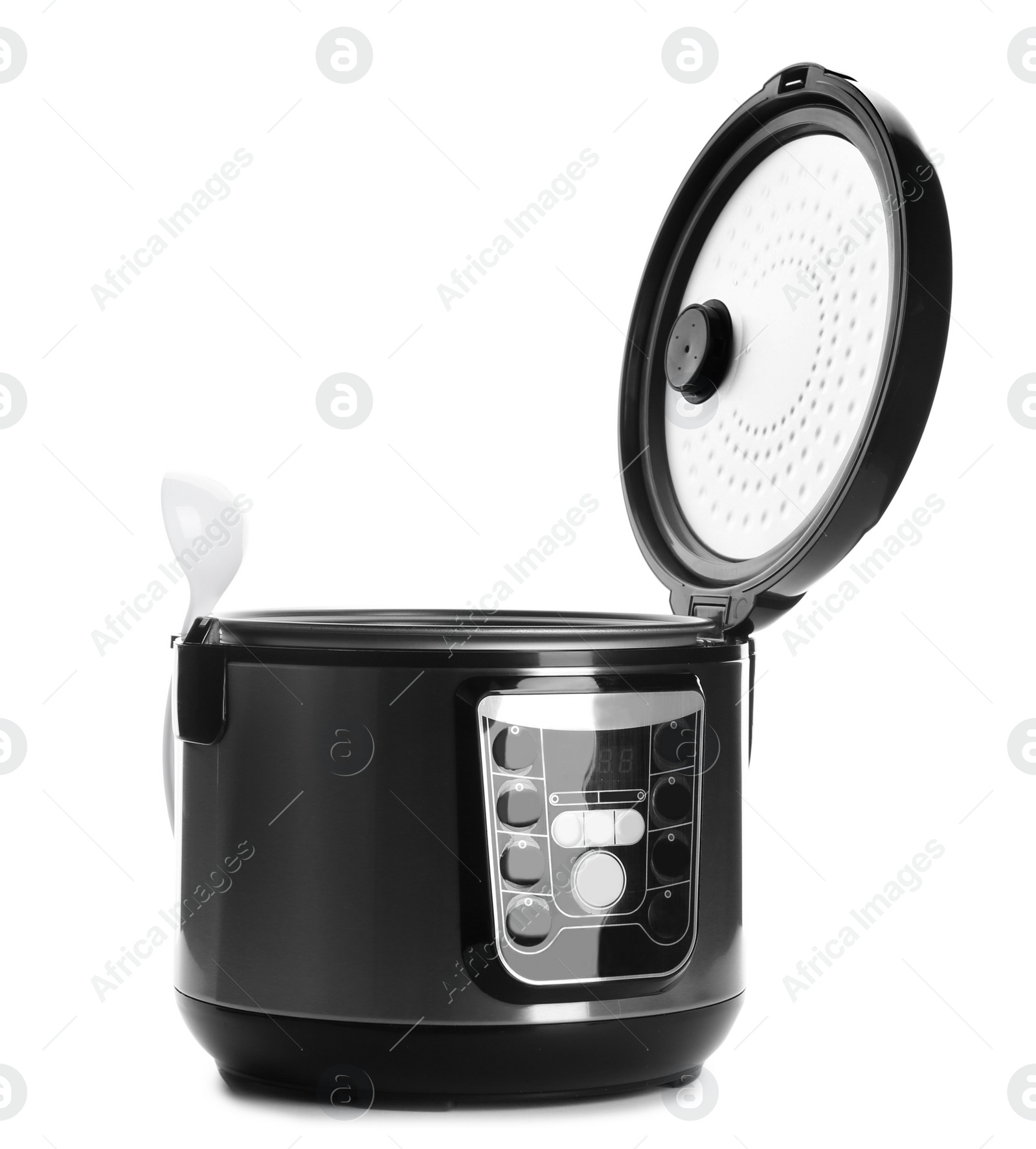 Photo of New modern multi cooker with ladle on white background