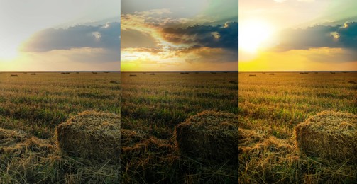 Image of Photos before and after retouch, collage. Hay block on mowed field  