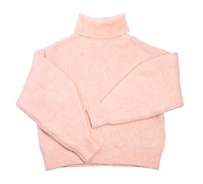 Photo of Pink turtleneck sweater isolated on white, top view