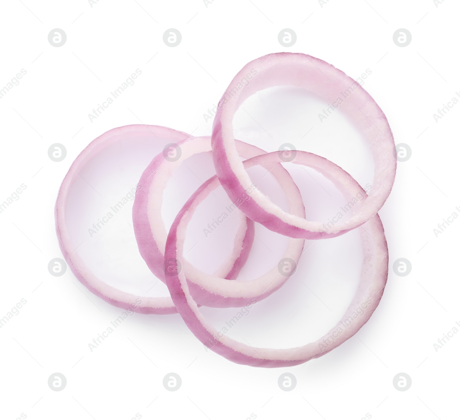 Photo of Raw red onion rings isolated on white, top view