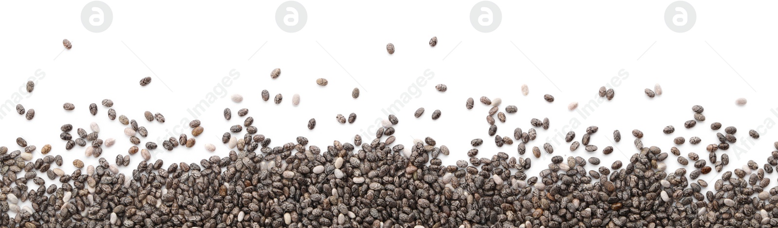 Photo of Pile of chia seeds on white background, top view