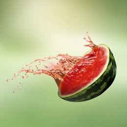 Image of Watermelon with splashing juice on yellow green background