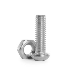 Metal carriage bolt and hex nut on white background