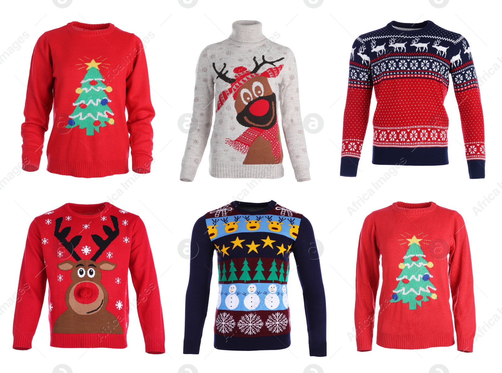 Image of Set of Christmas sweaters on white background