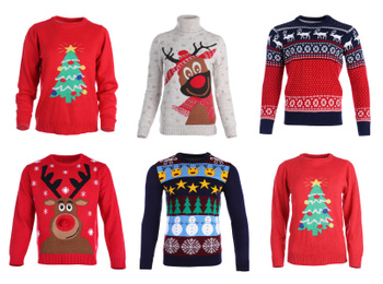 Set of Christmas sweaters on white background