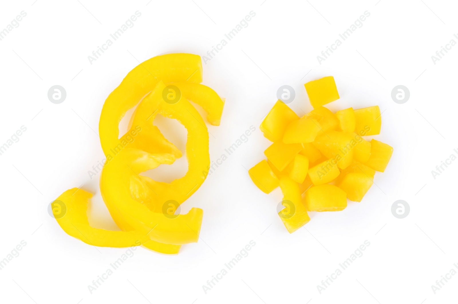 Photo of Cut yellow bell pepper isolated on white, top view