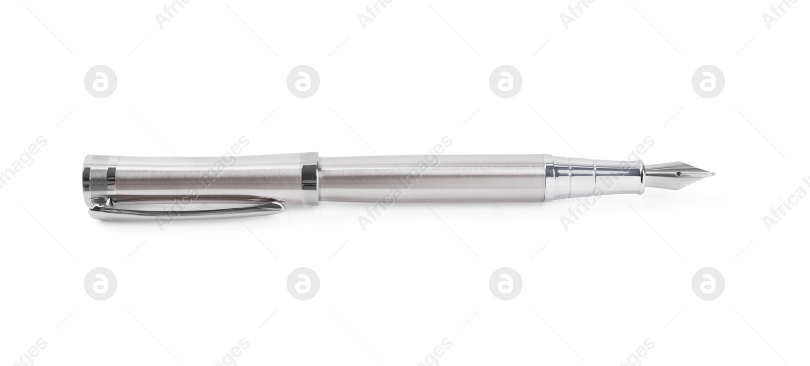 Photo of Stylish silver fountain pen isolated on white