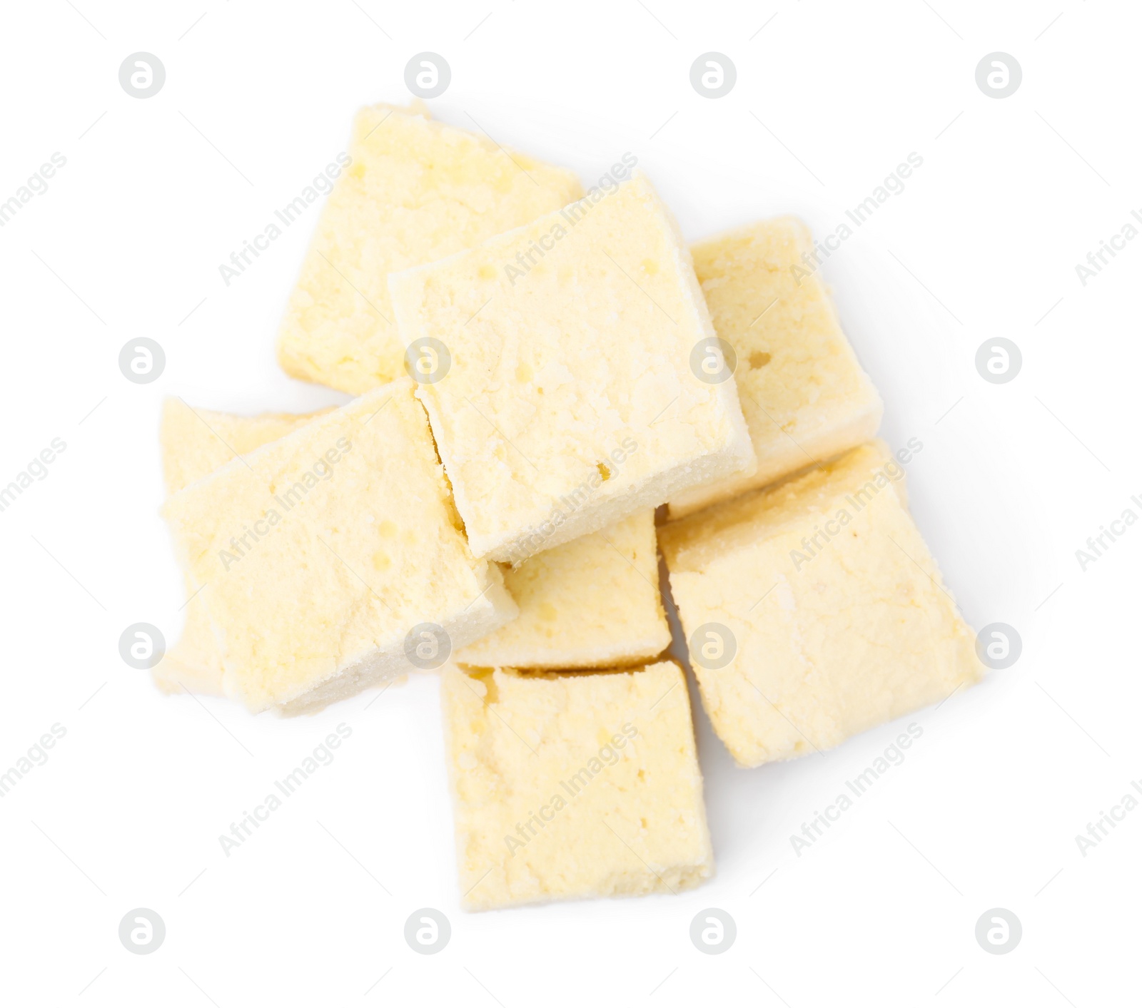 Photo of Pile of delicious sweet marshmallows on white background, top view