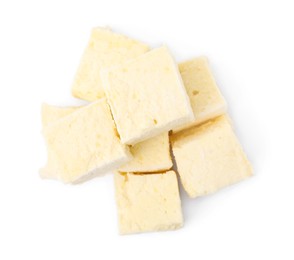 Photo of Pile of delicious sweet marshmallows on white background, top view