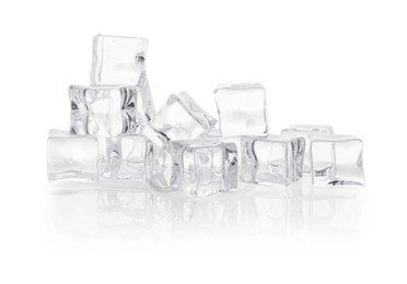 Many melting crystal clear ice cubes isolated on white