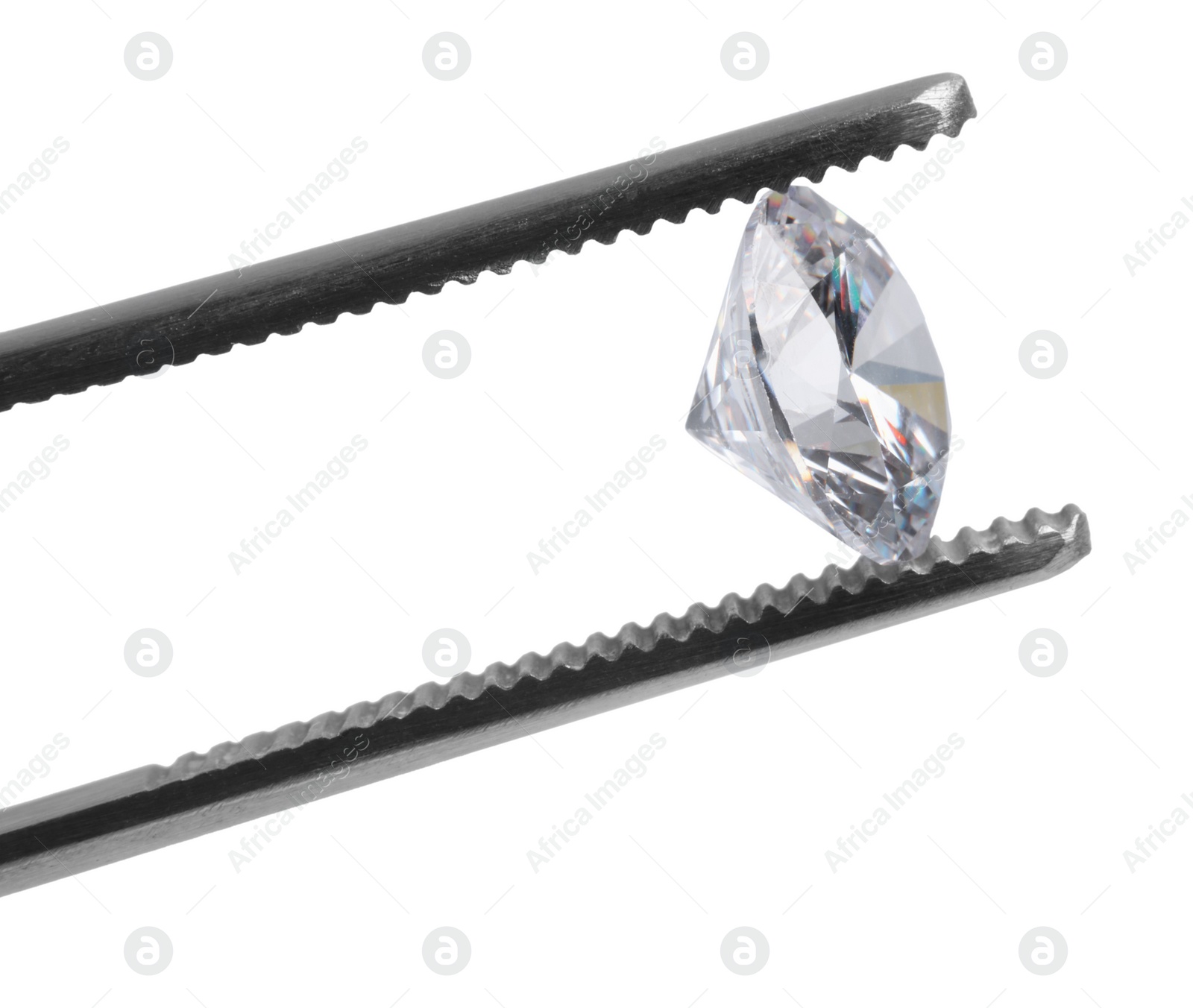 Photo of Tweezers with beautiful shiny diamond isolated on white