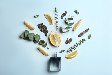 Beautiful composition with bottle of perfume, lemon, tree bark and eucalyptus on white background, flat lay