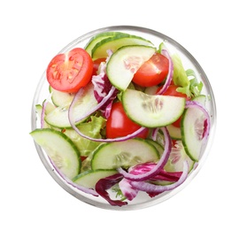 Photo of Delicious fresh cucumber tomato salad in bowl on white background, top view