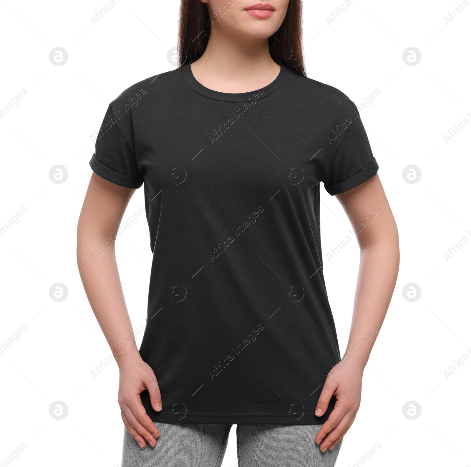 Photo of Woman wearing stylish black T-shirt on white background, closeup