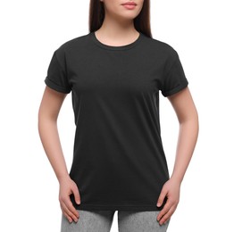 Photo of Woman wearing stylish black T-shirt on white background, closeup