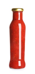 Photo of Delicious tomato sauce in glass bottle on white background