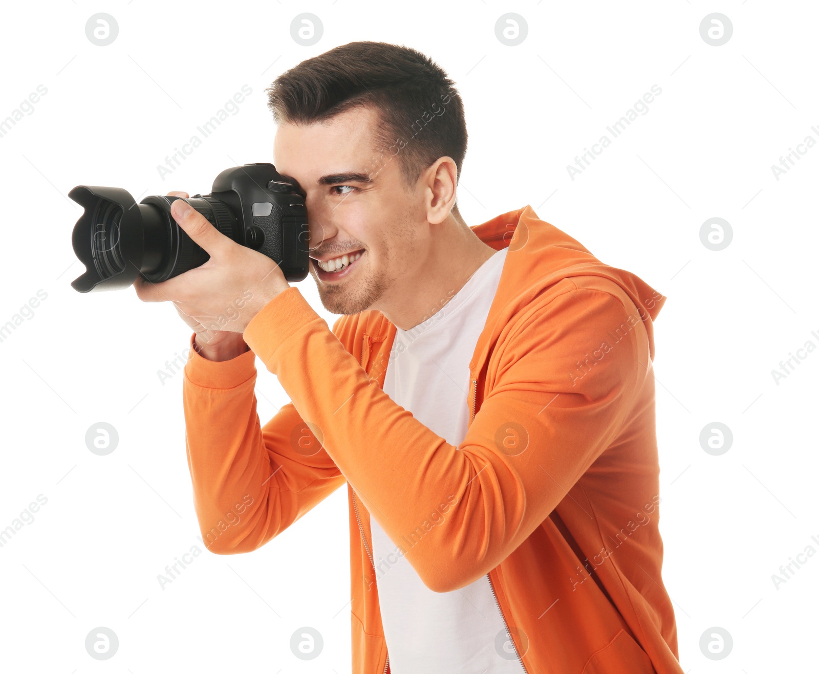 Photo of Male photographer with camera on white background