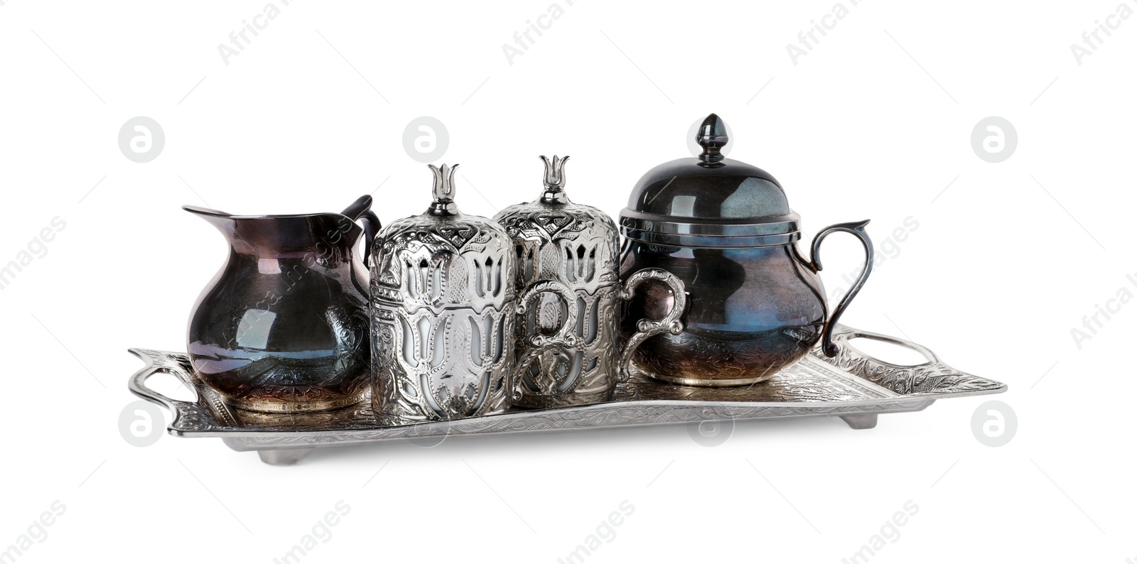 Photo of Beautiful vintage tea set on white background