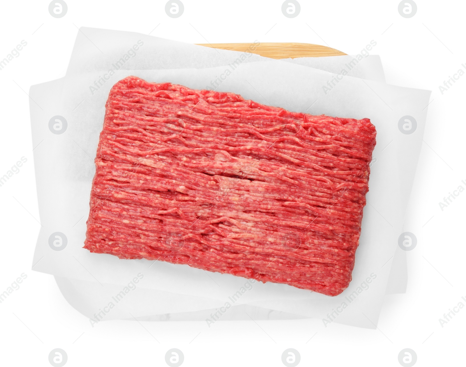 Photo of Raw fresh minced meat on white background, top view